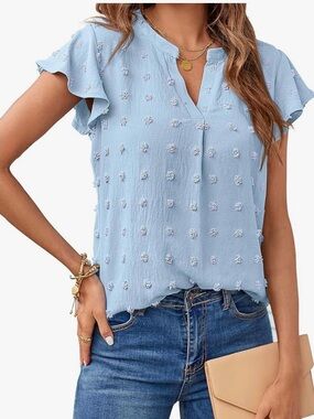 Light Blue Swiss Dot Puff Sleeve Blouse Size M
